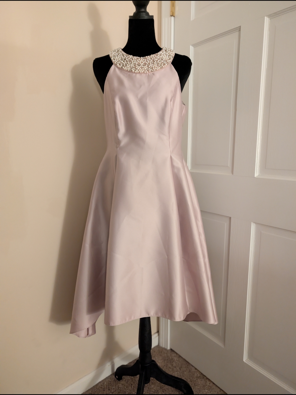 Adrianna Papell Pearl Embellished Halter Fit & Flare High Low Dress Blush Pink 8